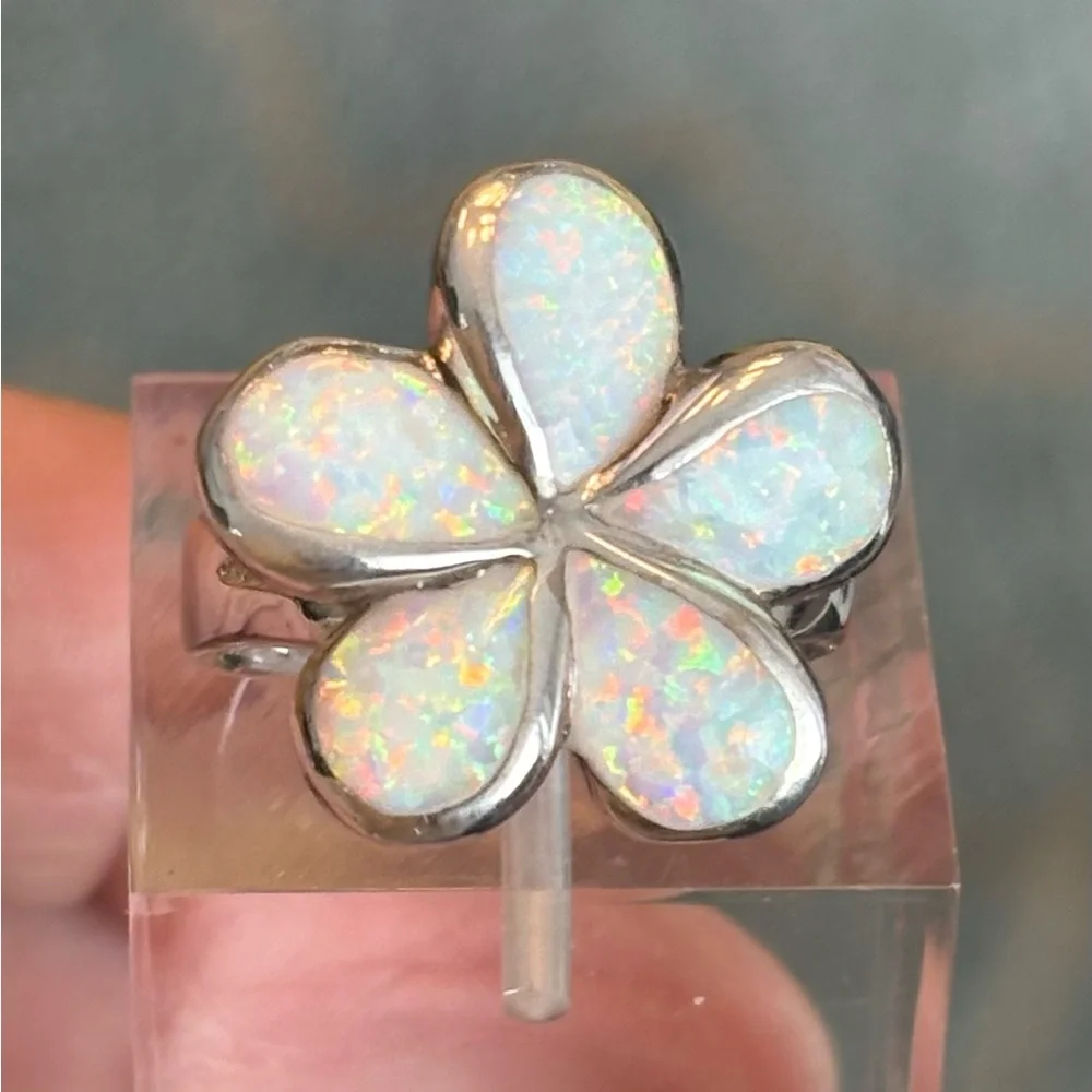 Stunning Opal Inlay Flower Ring solid Sterling Silver 925 Artisan Made sz 6 7/8 - Picture 8 of 12